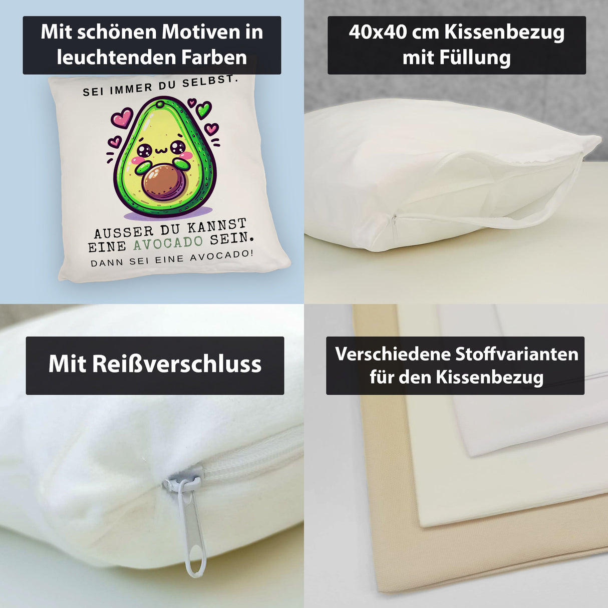 Avocado im Kawaii-Stil Kissen mit Spruch Sei du selbst oder Avocado