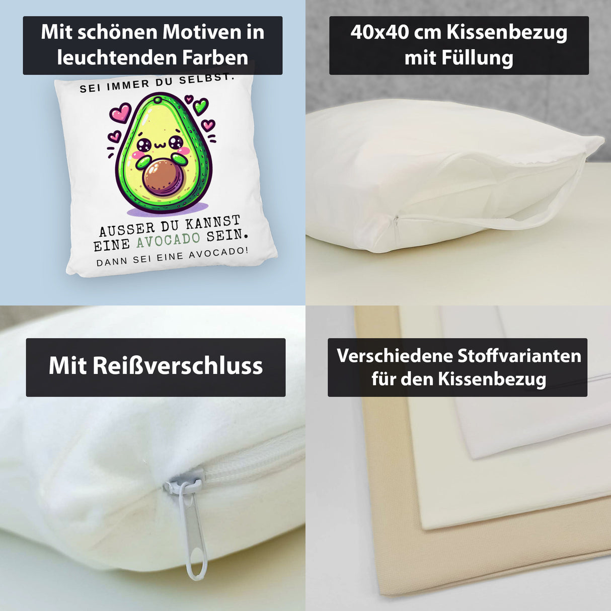 Avocado im Kawaii-Stil Kissen mit Spruch Sei du selbst oder Avocado