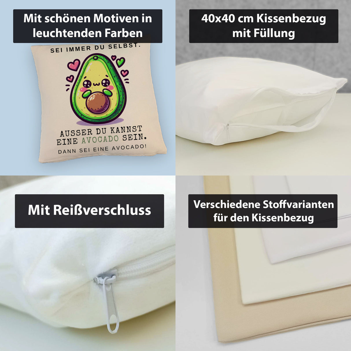 Avocado im Kawaii-Stil Kissen mit Spruch Sei du selbst oder Avocado