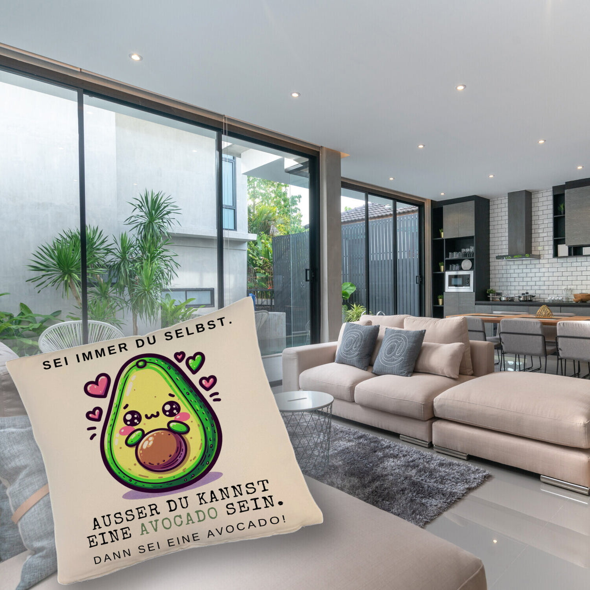 Avocado im Kawaii-Stil Kissen mit Spruch Sei du selbst oder Avocado