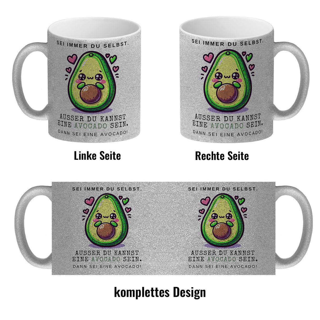 Avocado im Kawaii-Stil Kaffeebecher mit Spruch Sei du selbst oder Avocado