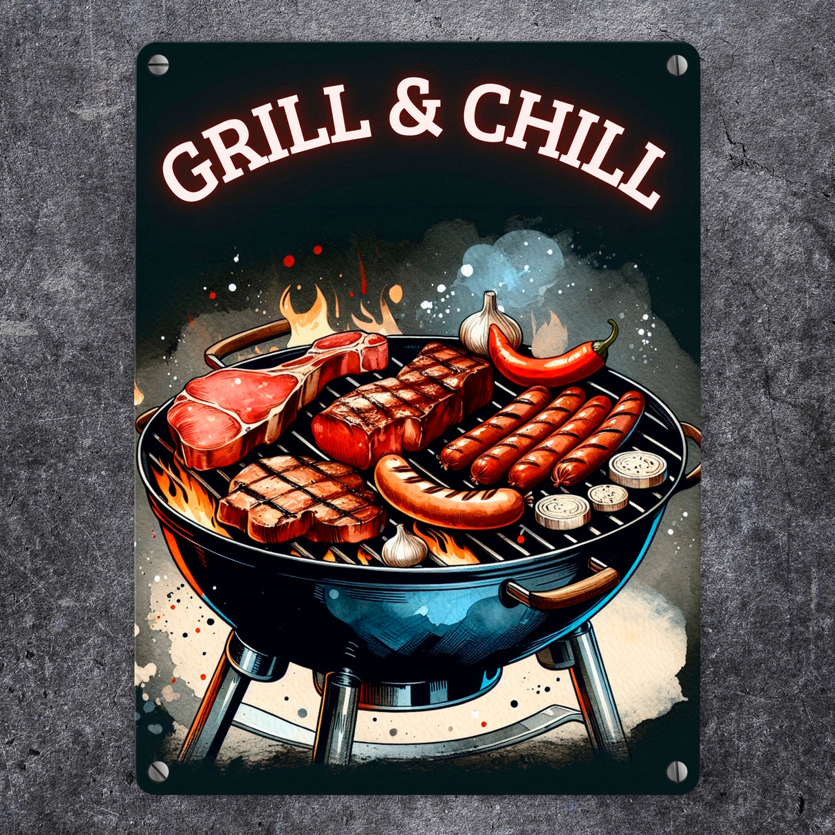 Grill Metallschild in 15x20 cm mit Spruch Grill und Chill
