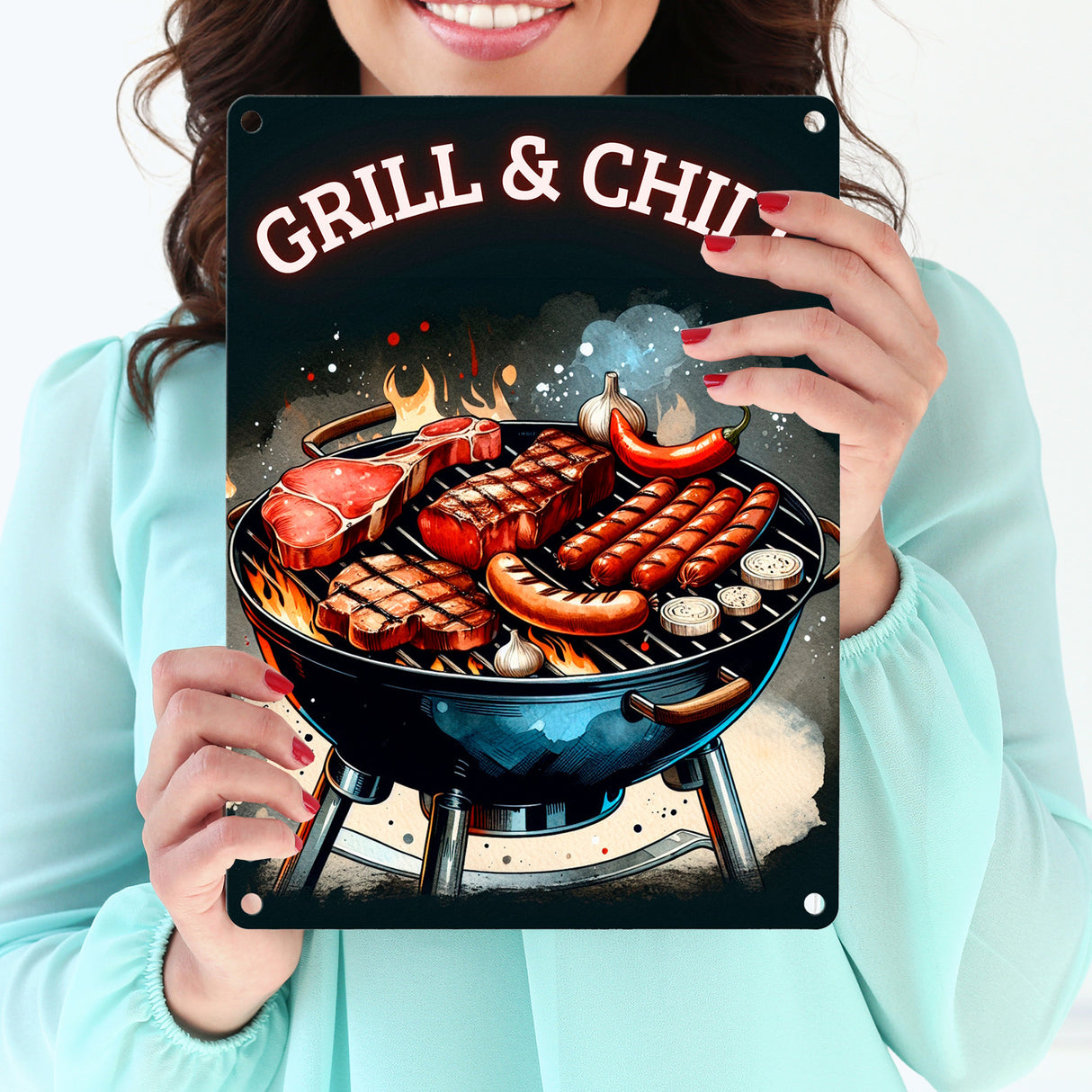Grill Metallschild in 15x20 cm mit Spruch Grill und Chill