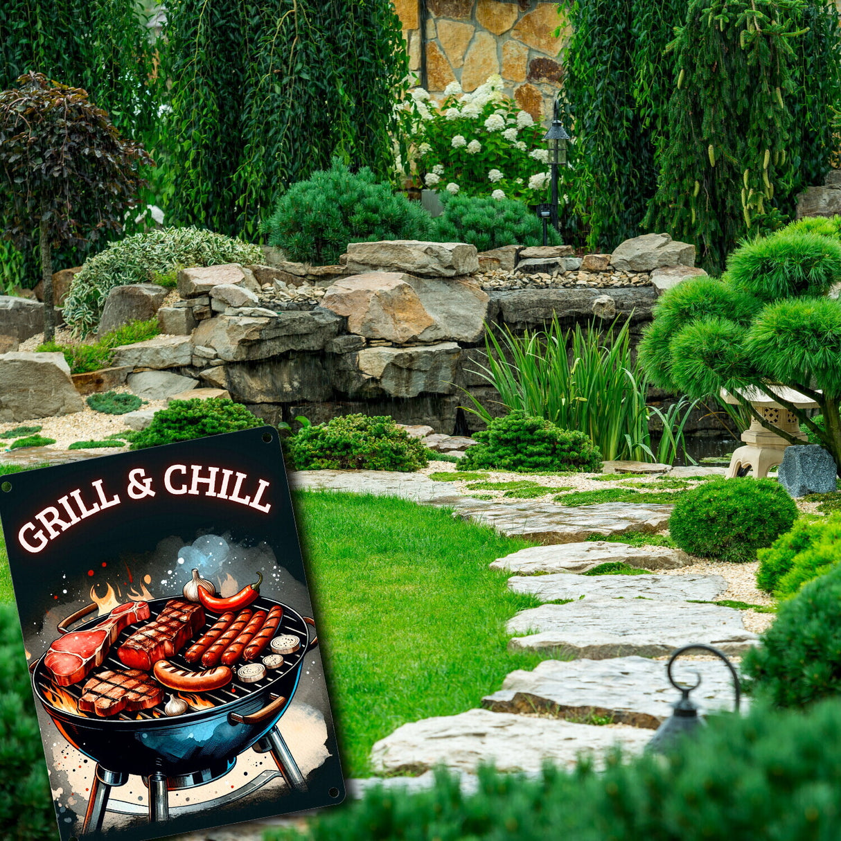 Grill Metallschild in 15x20 cm mit Spruch Grill und Chill