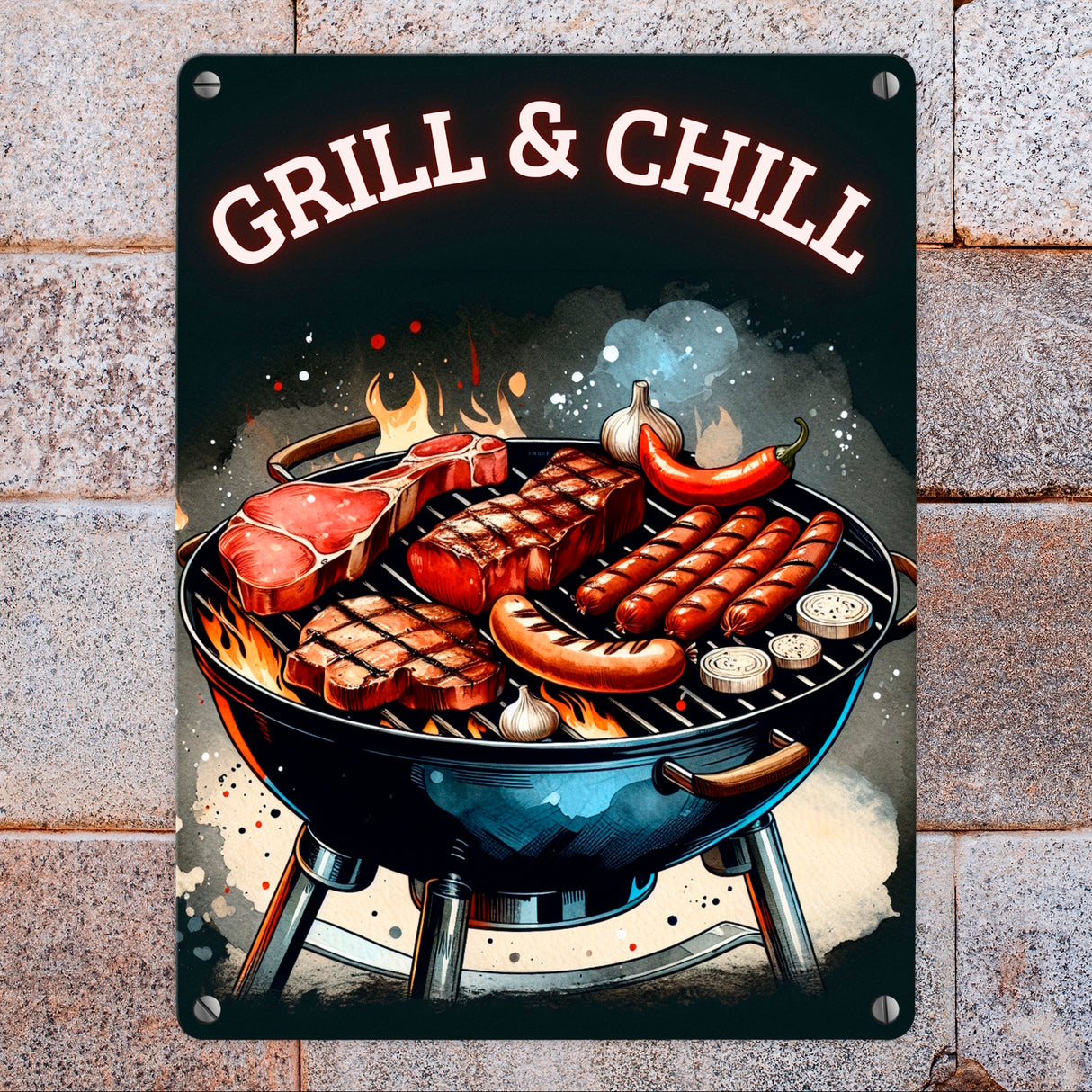 Grill Metallschild in 15x20 cm mit Spruch Grill und Chill
