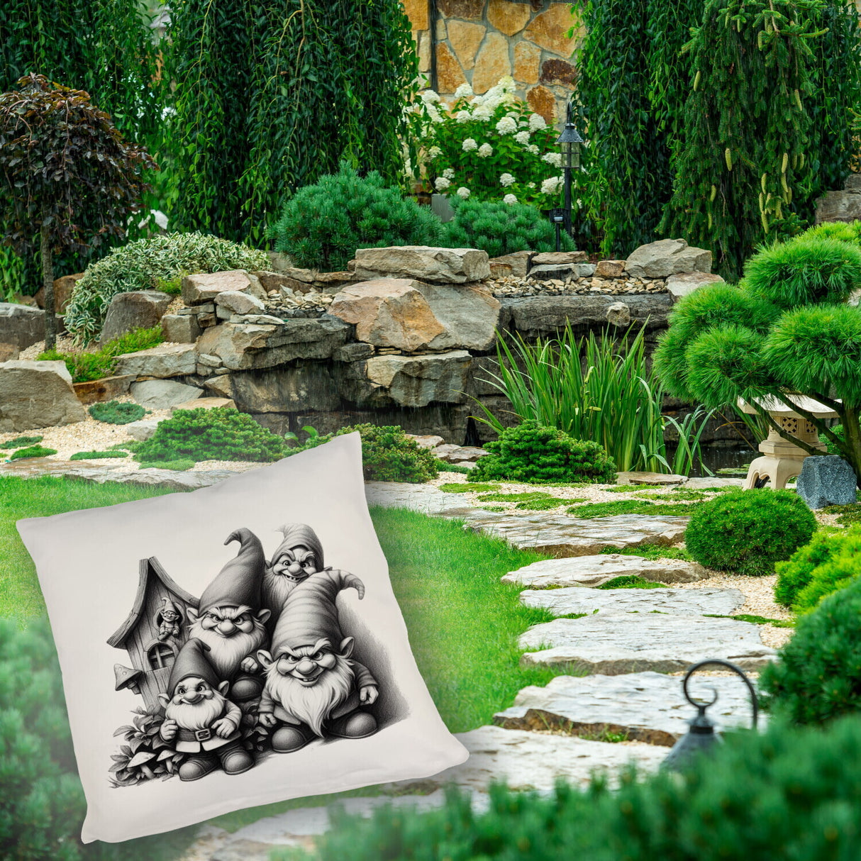 Freche Gartenzwerge mit kleinem Haus Kissen