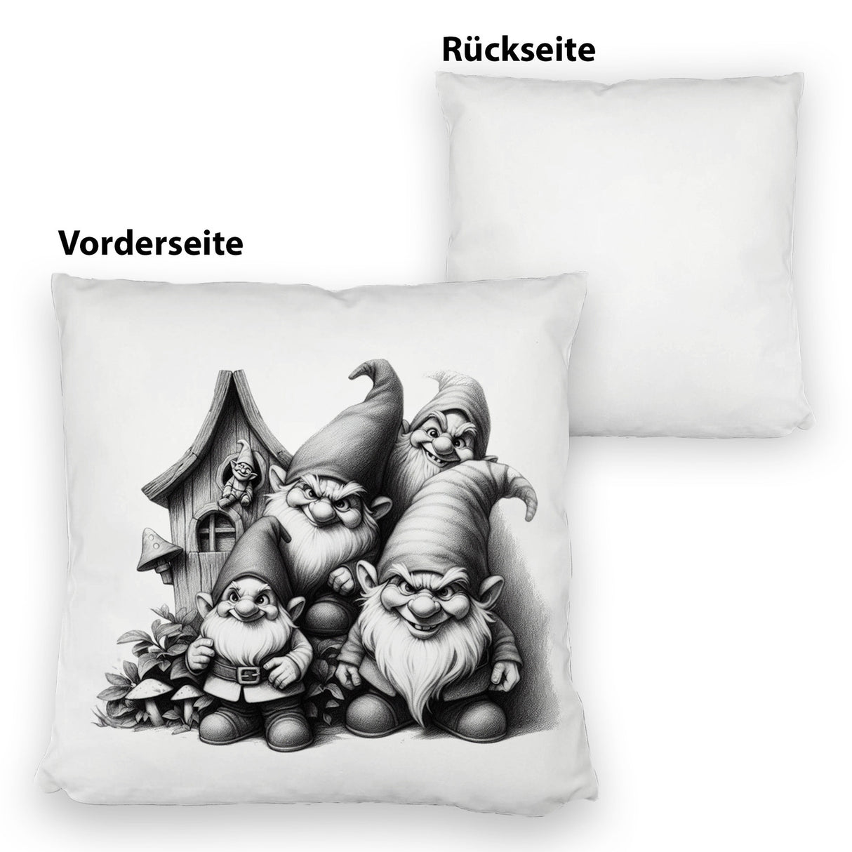 Freche Gartenzwerge mit kleinem Haus Kissen