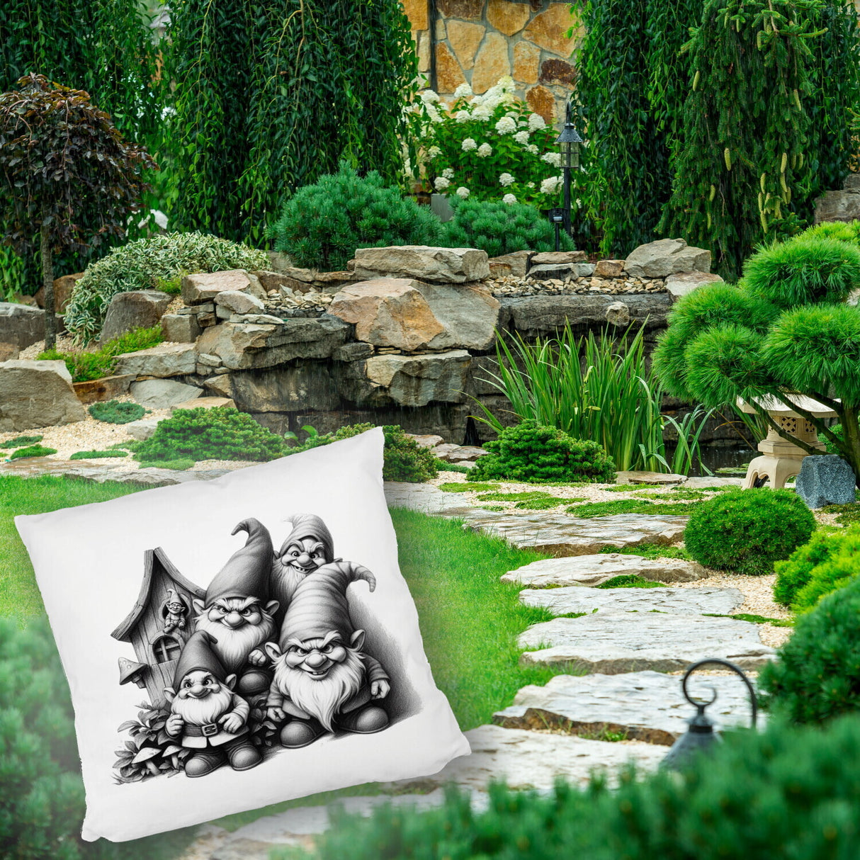 Freche Gartenzwerge mit kleinem Haus Kissen