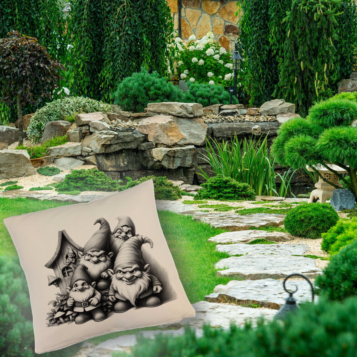 Freche Gartenzwerge mit kleinem Haus Kissen
