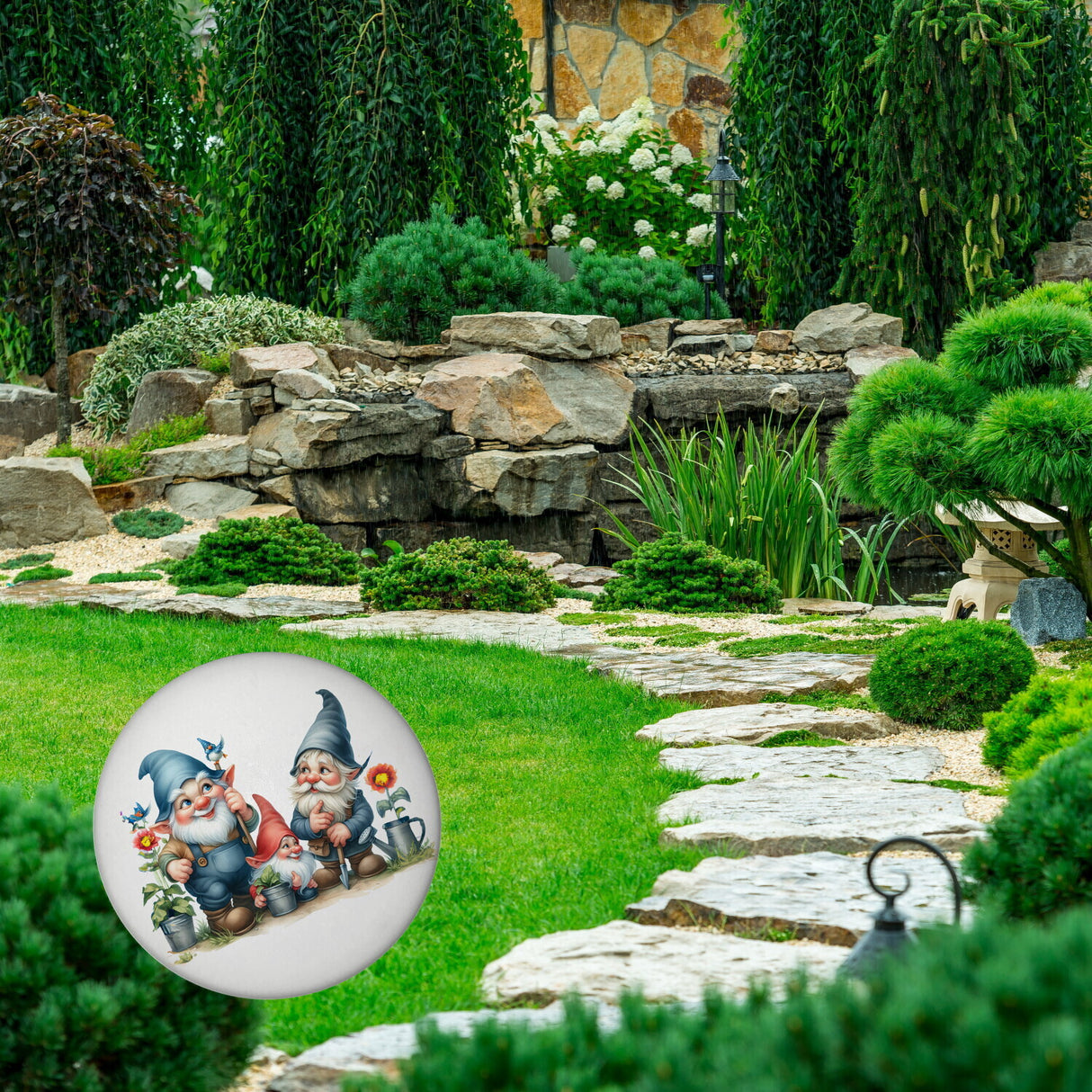Gartenzwerge mit Zipfelmützen Magnet rund