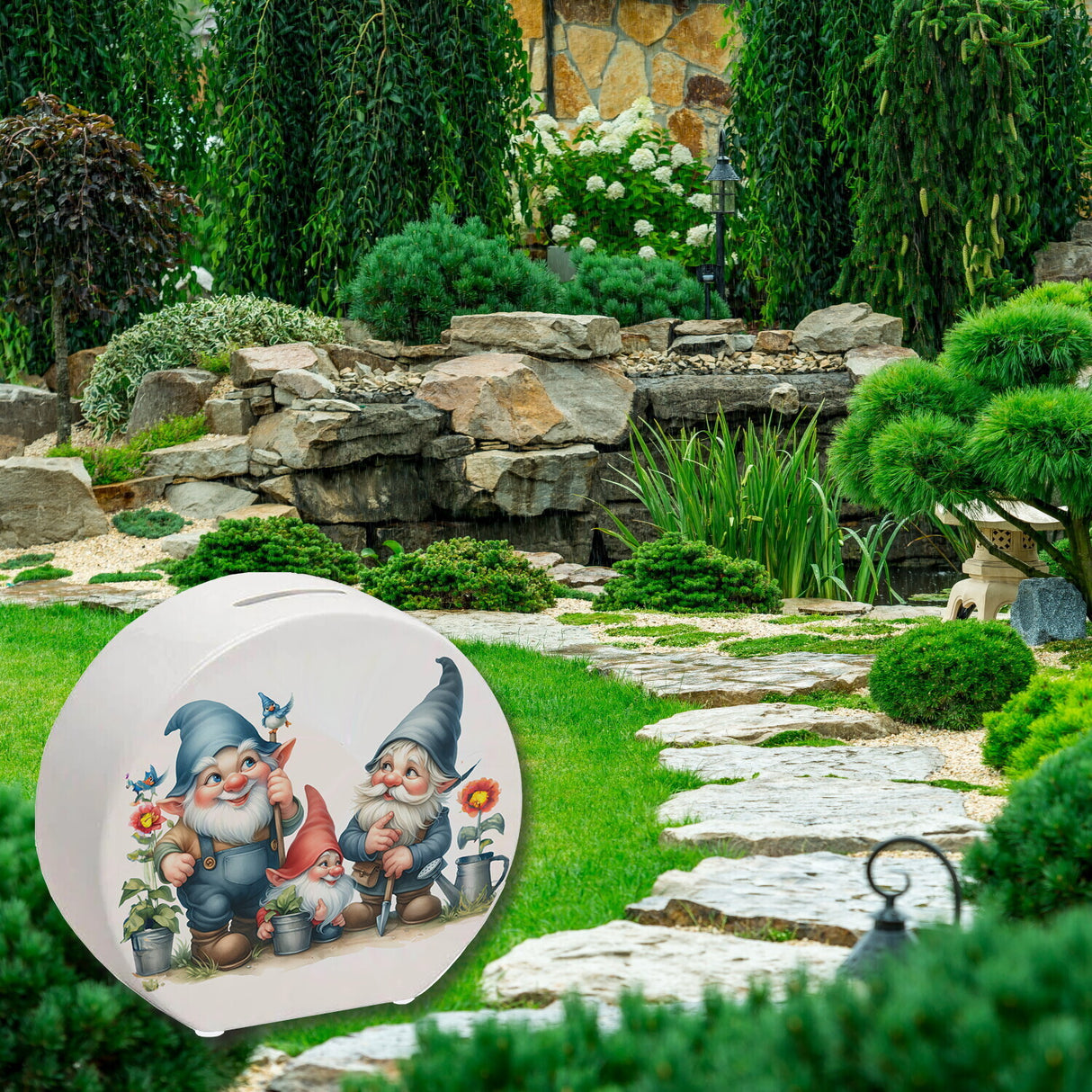 Drei lustige Gartenzwerge Spardose