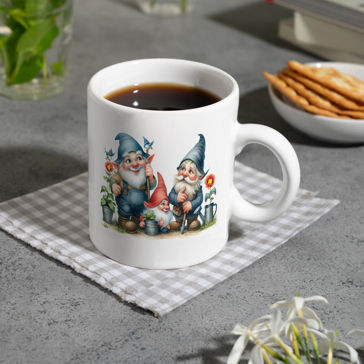 Gartenzwerge mit Zipfelmützen Kaffeebecher