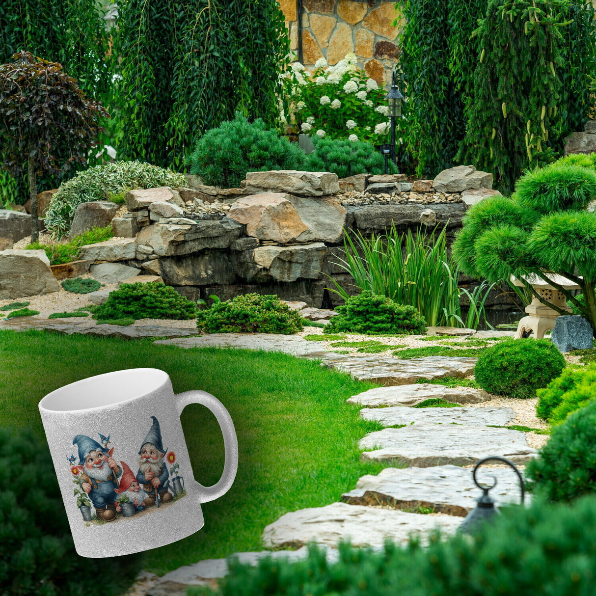 Gartenzwerge mit Zipfelmützen Kaffeebecher