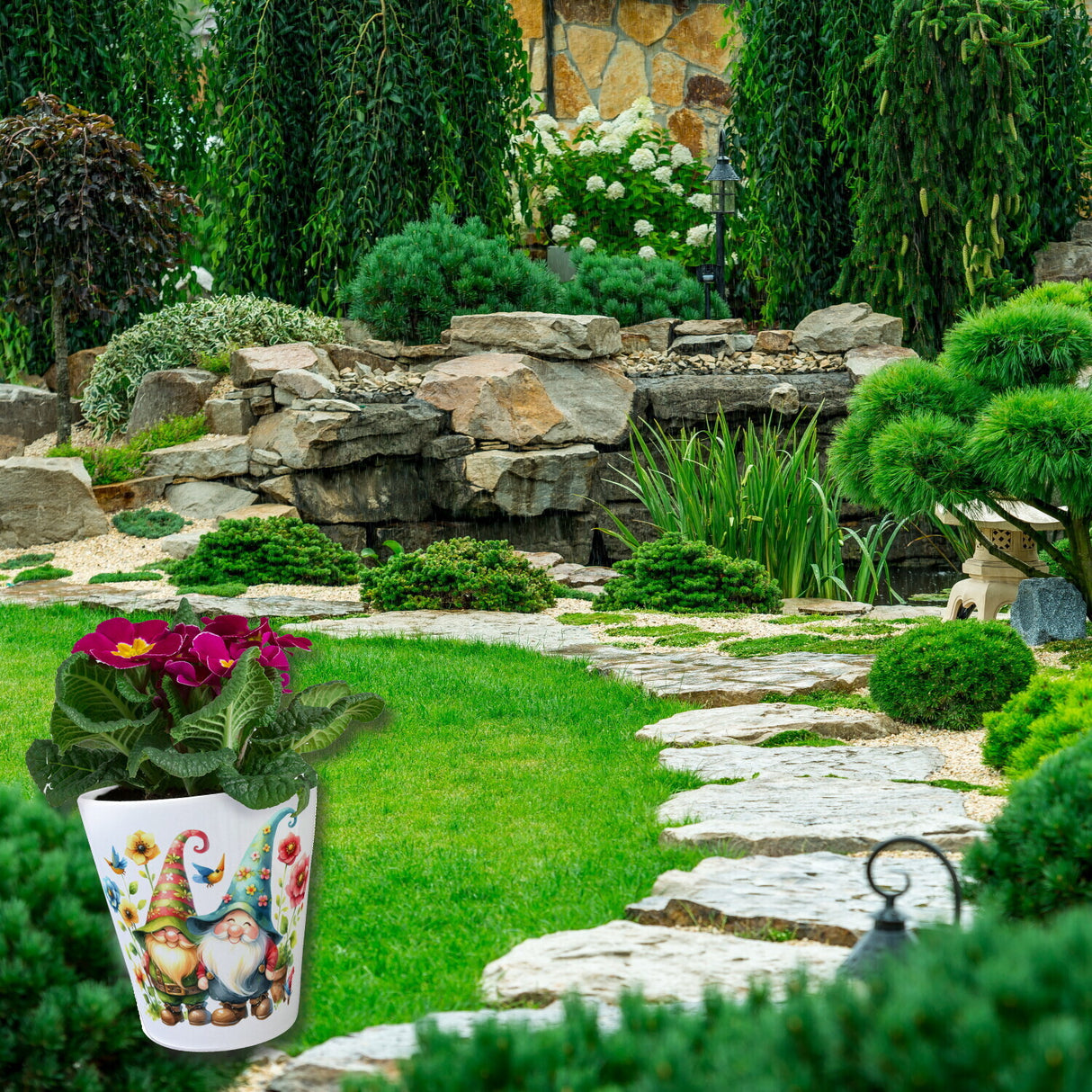 Gartenzwerge mit Blumen Blumentopf