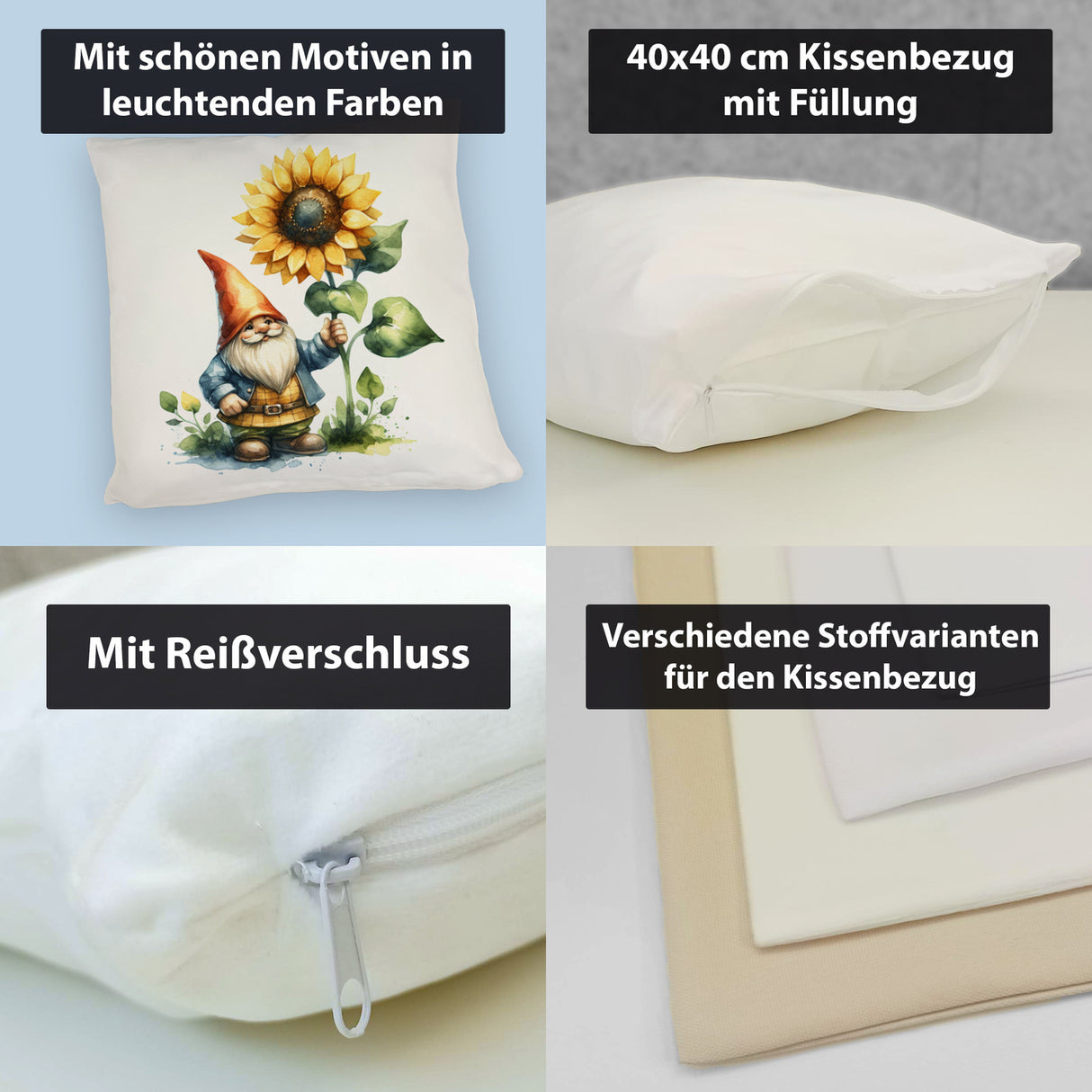 Gartenzwerg mit leuchtender Sonnenblume Kissen
