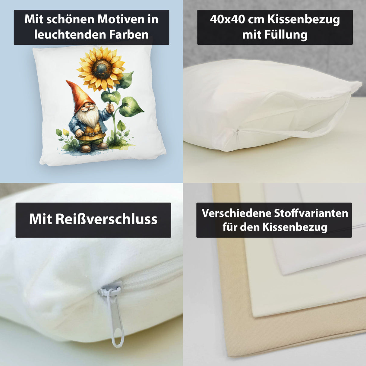 Gartenzwerg mit leuchtender Sonnenblume Kissen