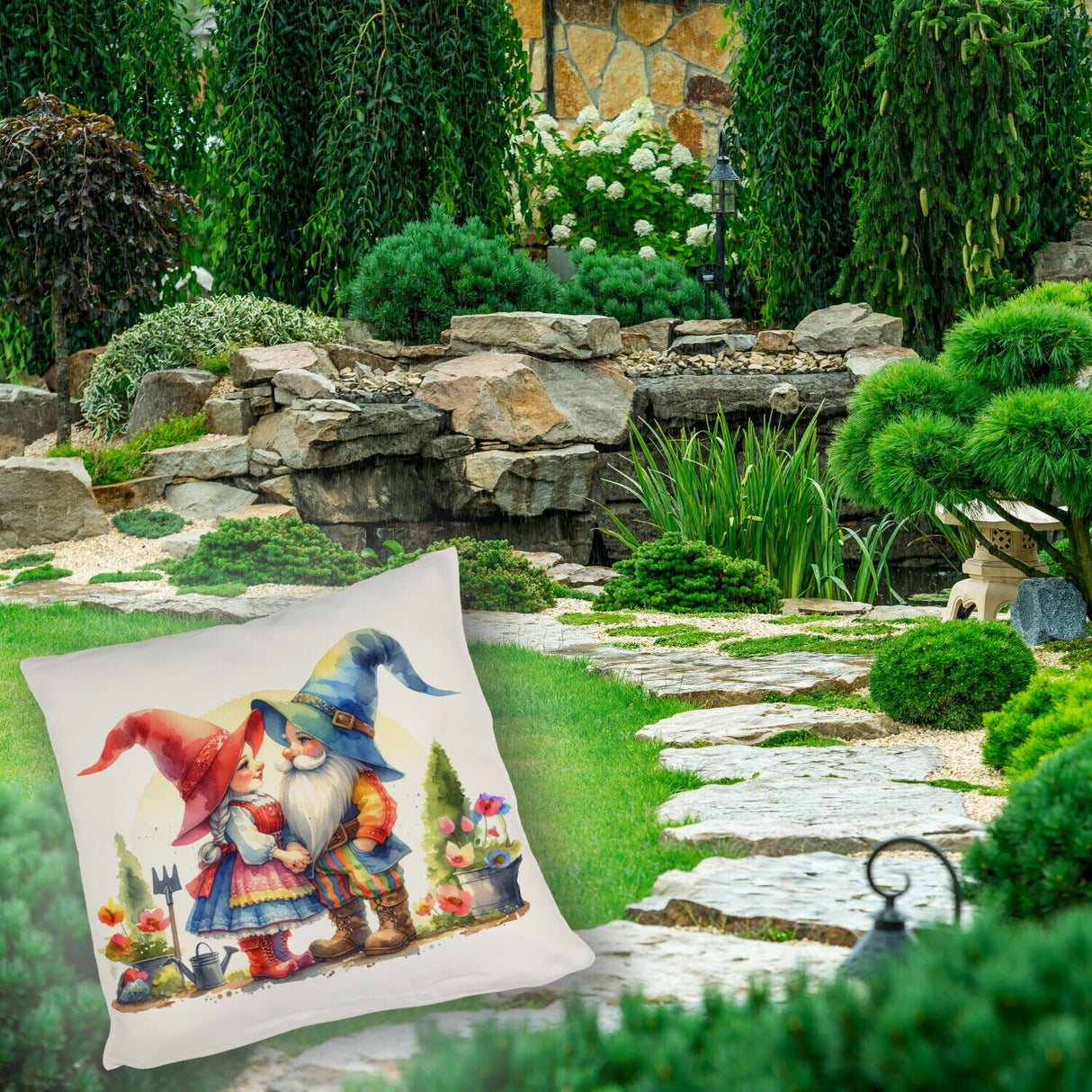 Verliebte Gartenzwerge im Garten Kissen