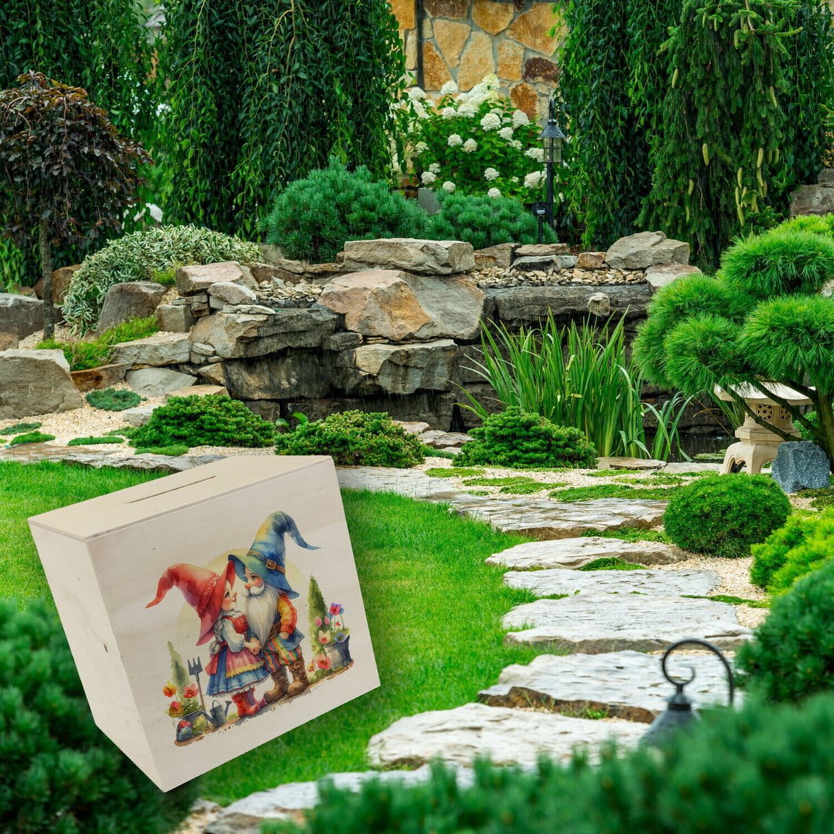 Verliebte Gartenzwerge im Garten Spardose