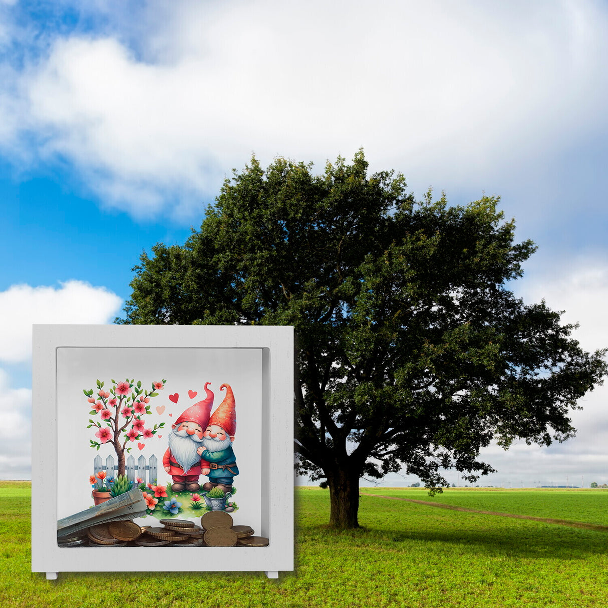 Verliebte Gartenzwerge mit Baum Spardose