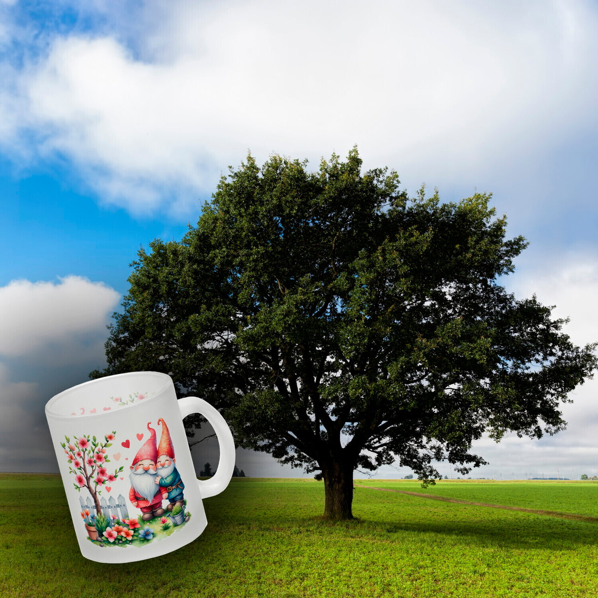 Verliebte Gartenzwerge mit Baum Kaffeebecher