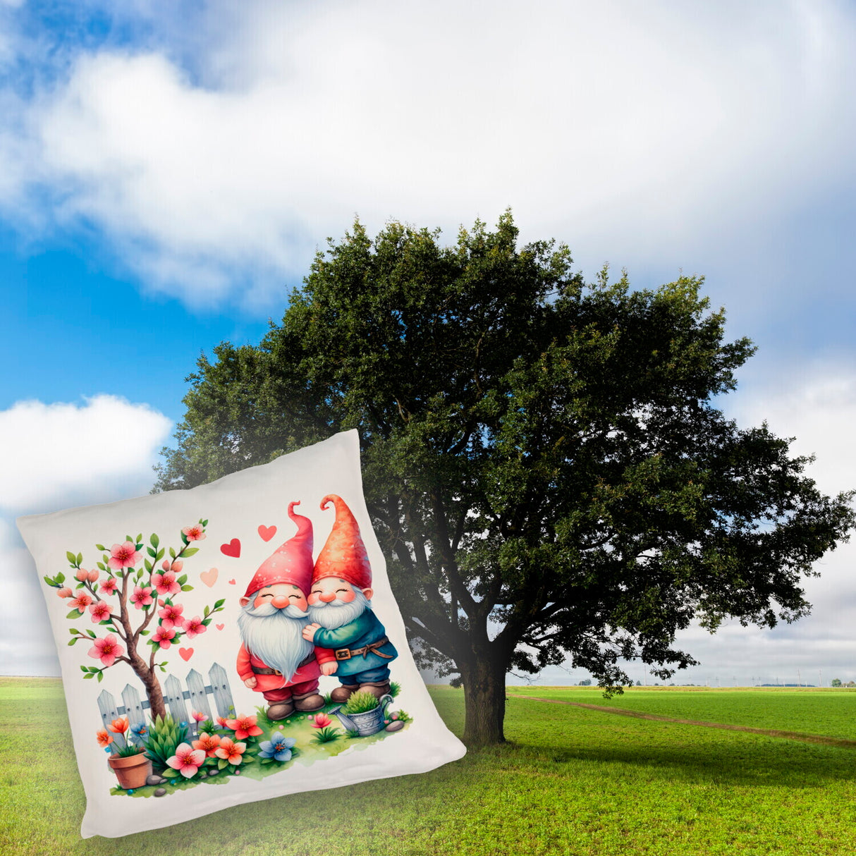 Verliebte Gartenzwerge mit Baum Kissen