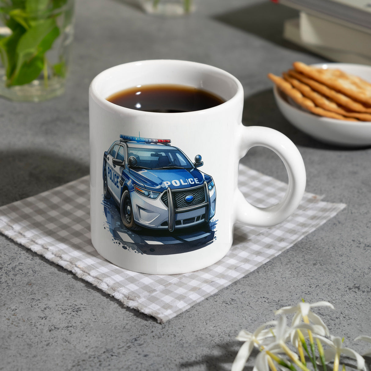Polizeiauto mit Blaulicht Kaffeebecher