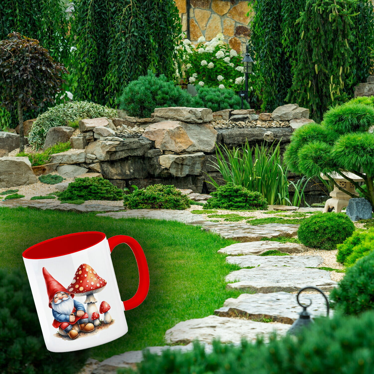 Gartenzwerg mit Fliegenpilz Kaffeebecher
