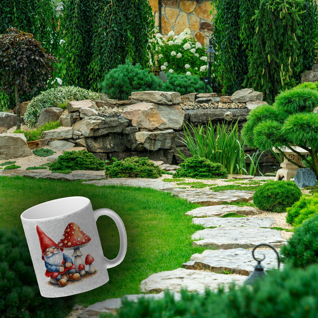 Gartenzwerg mit Fliegenpilz Kaffeebecher