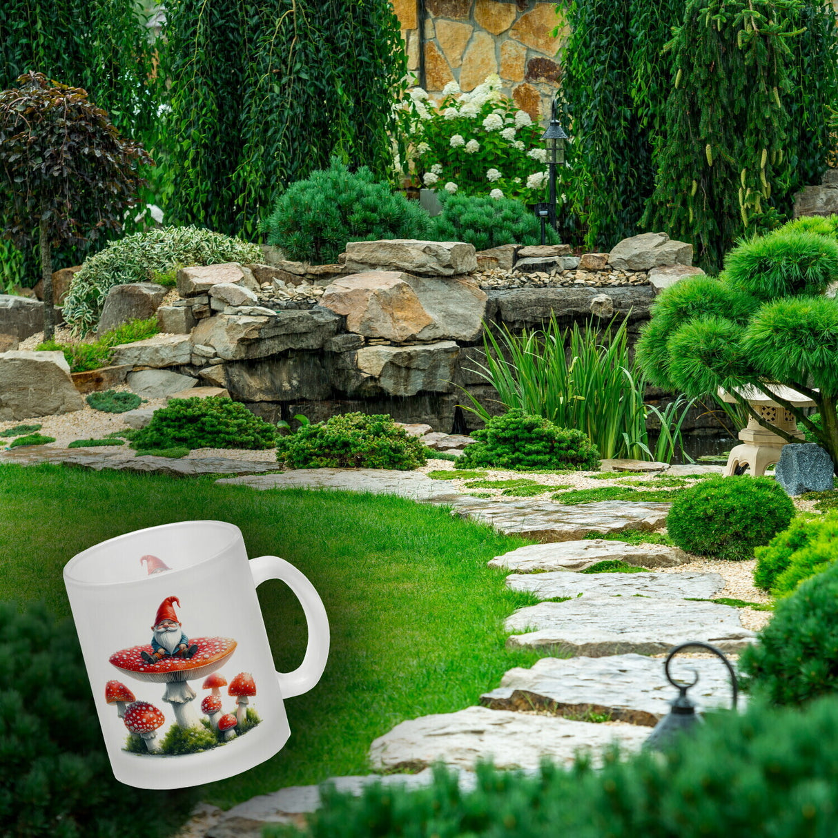 Gartenzwerg auf einem Fliegenpilz Kaffeebecher