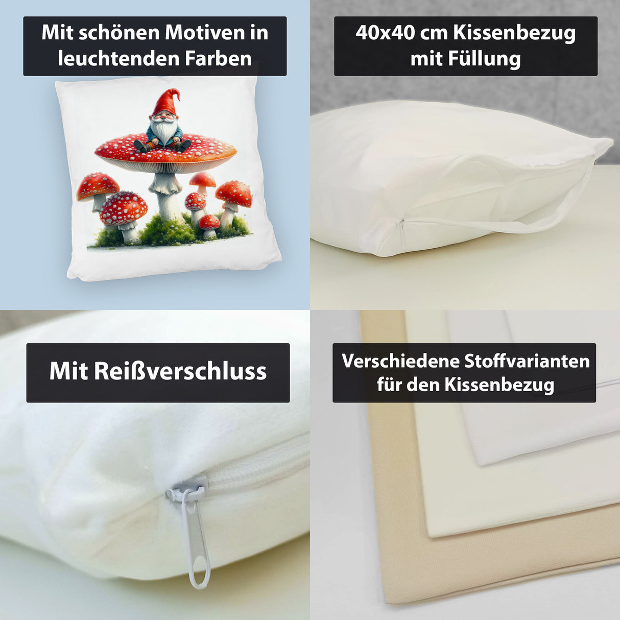 Gartenzwerg auf einem Fliegenpilz Kissen