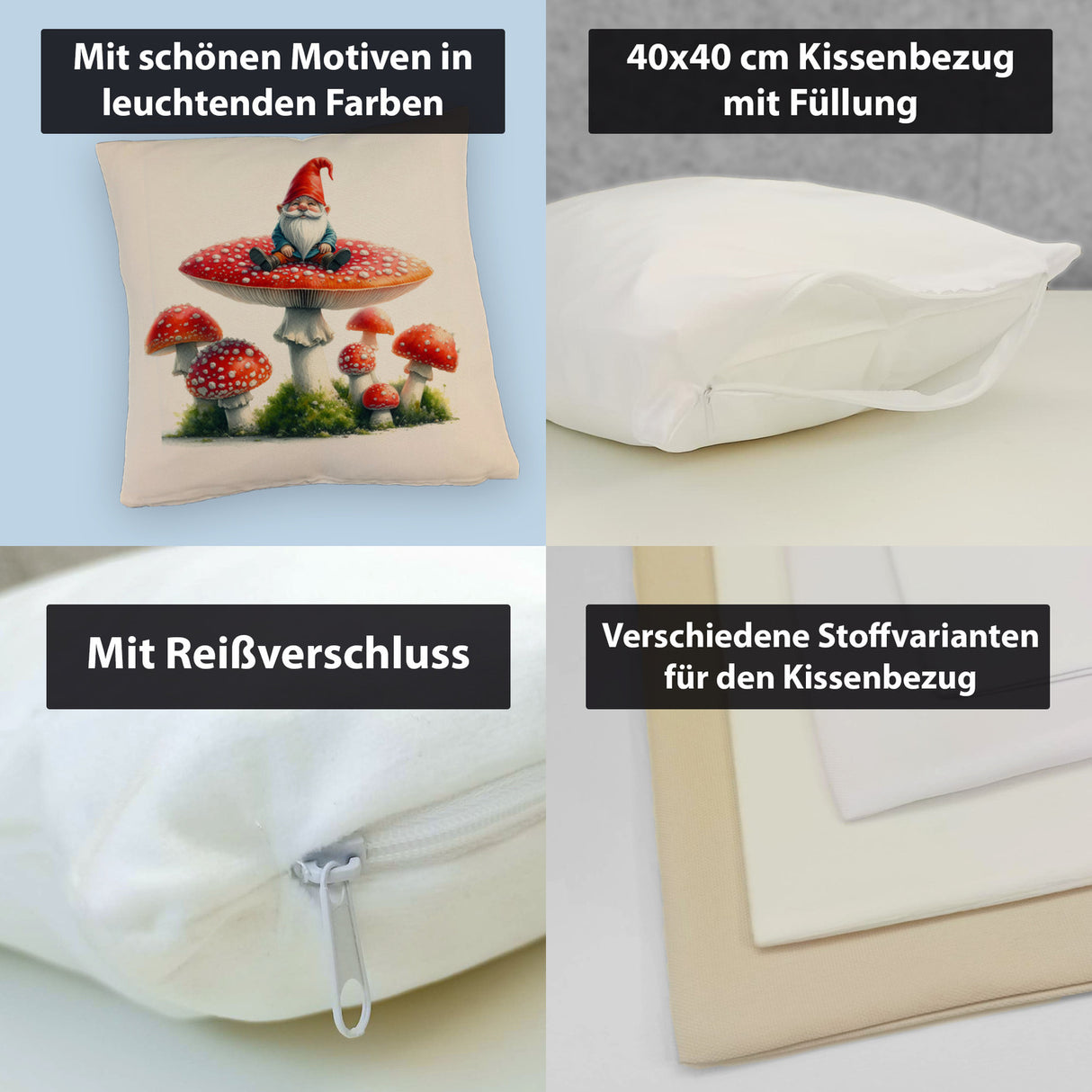 Gartenzwerg auf einem Fliegenpilz Kissen
