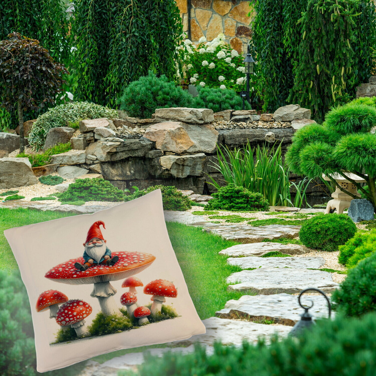 Gartenzwerg auf einem Fliegenpilz Kissen