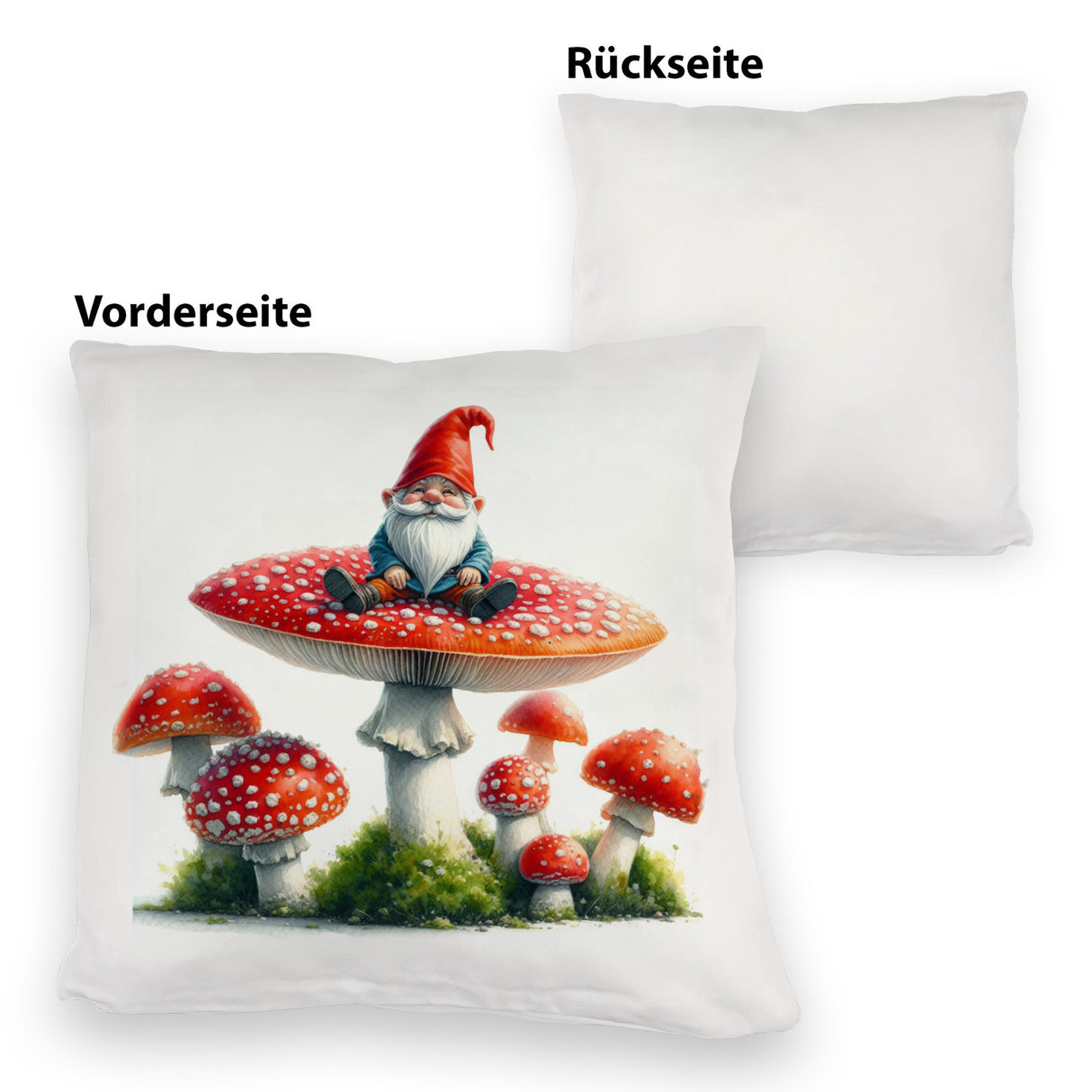 Gartenzwerg auf einem Fliegenpilz Kissen