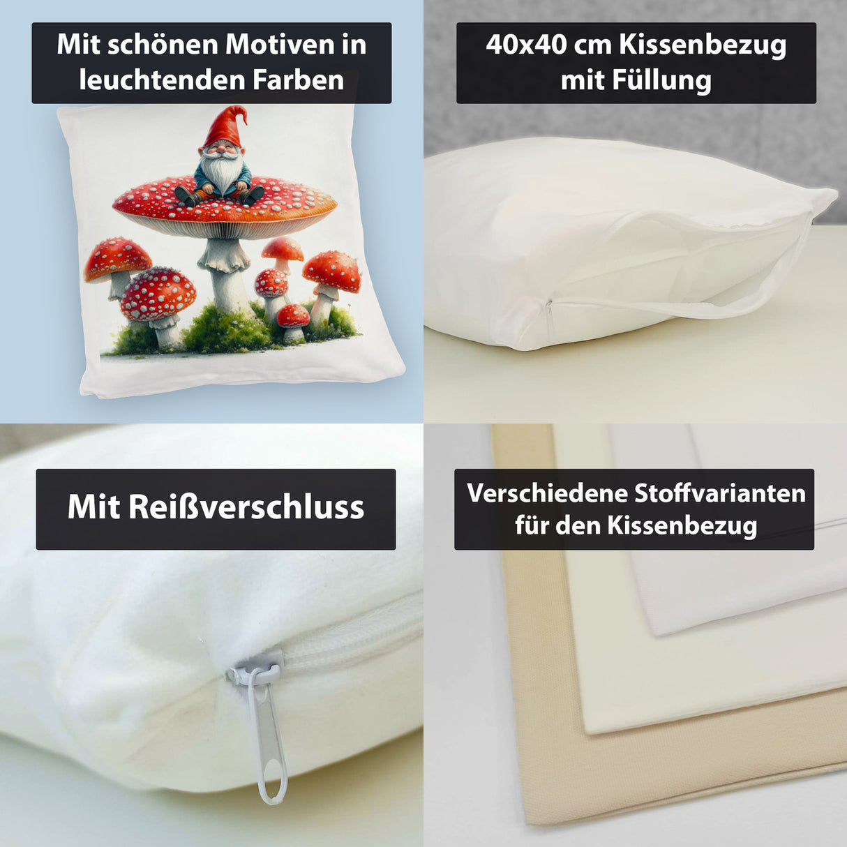 Gartenzwerg auf einem Fliegenpilz Kissen