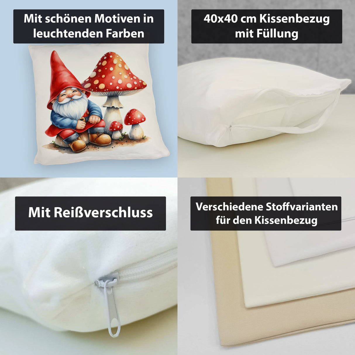Gartenzwerg mit Fliegenpilz Kissen