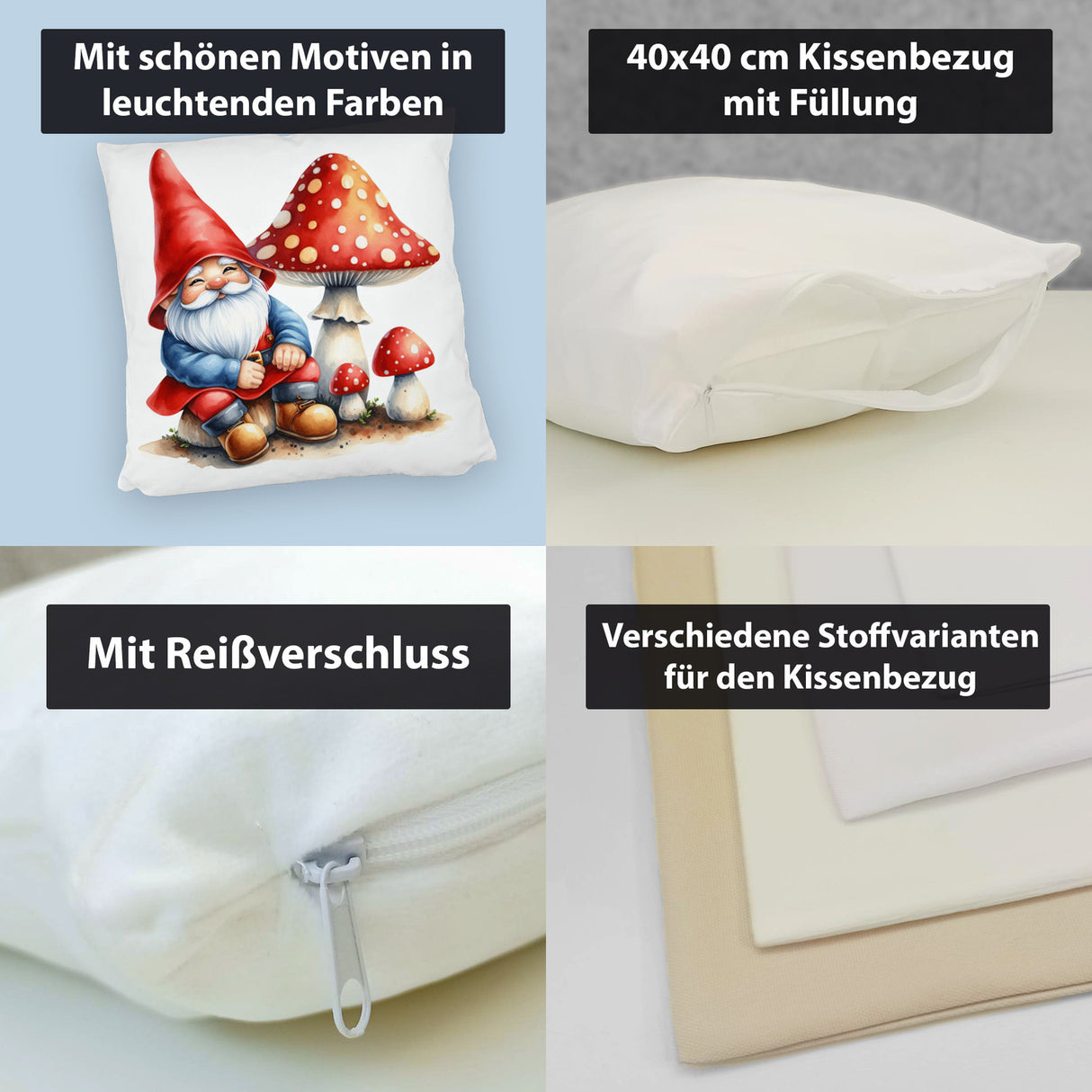 Gartenzwerg mit Fliegenpilz Kissen