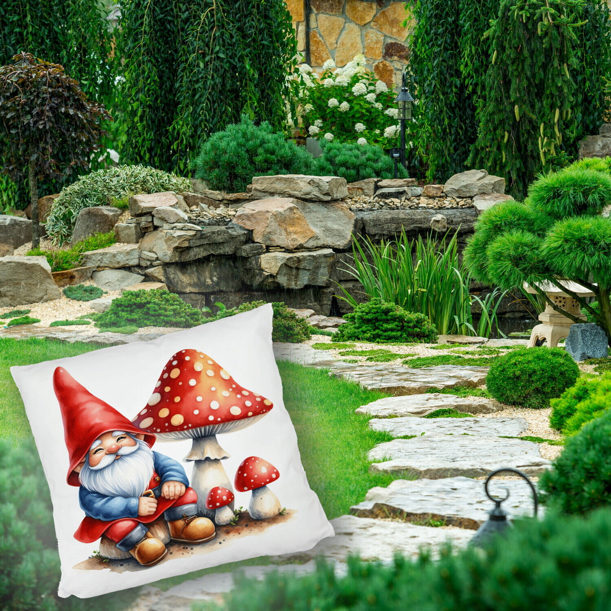 Gartenzwerg mit Fliegenpilz Kissen