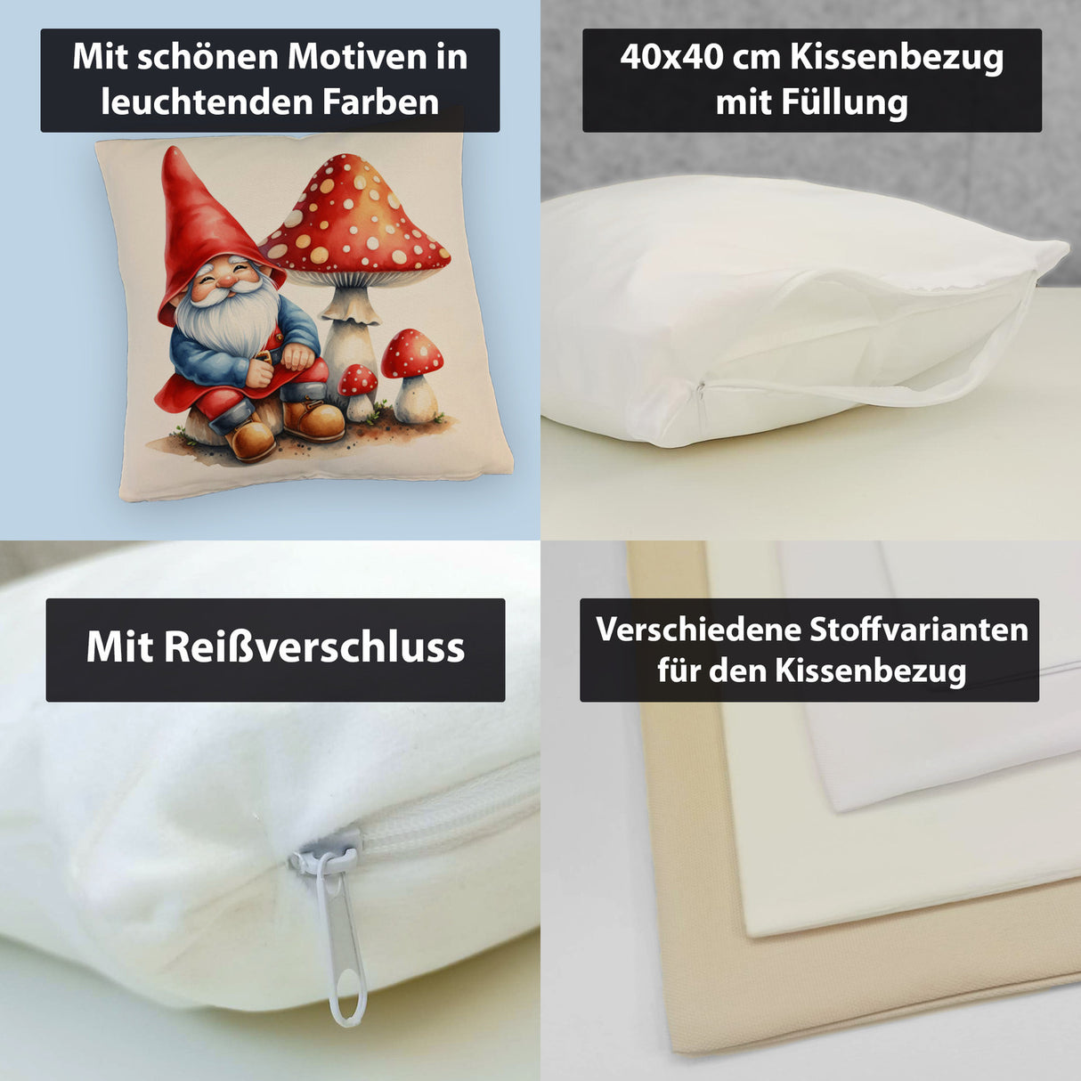 Gartenzwerg mit Fliegenpilz Kissen