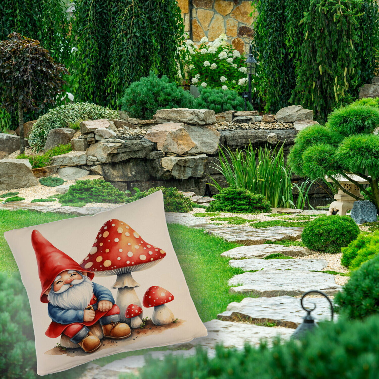 Gartenzwerg mit Fliegenpilz Kissen
