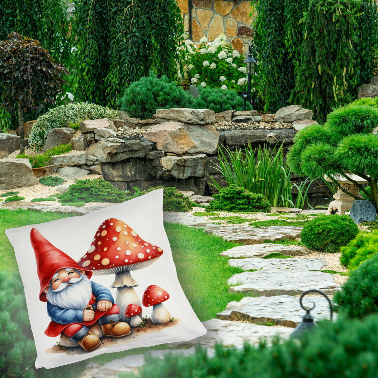 Gartenzwerg mit Fliegenpilz Kissen