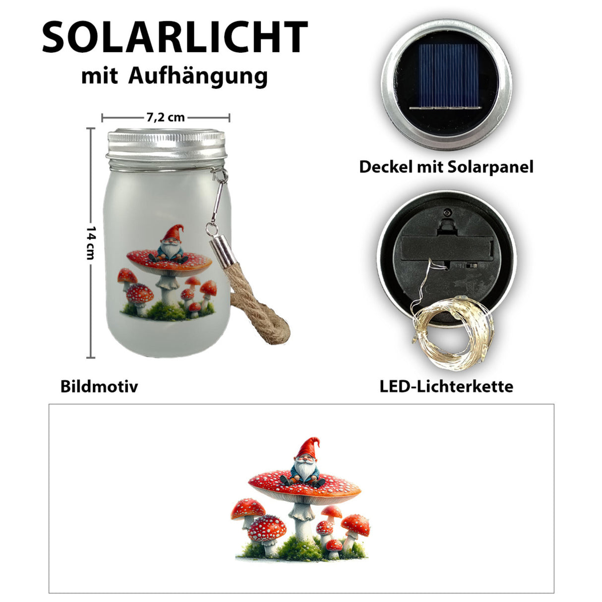 Gartenzwerg auf Fliegenpilz Solarlicht