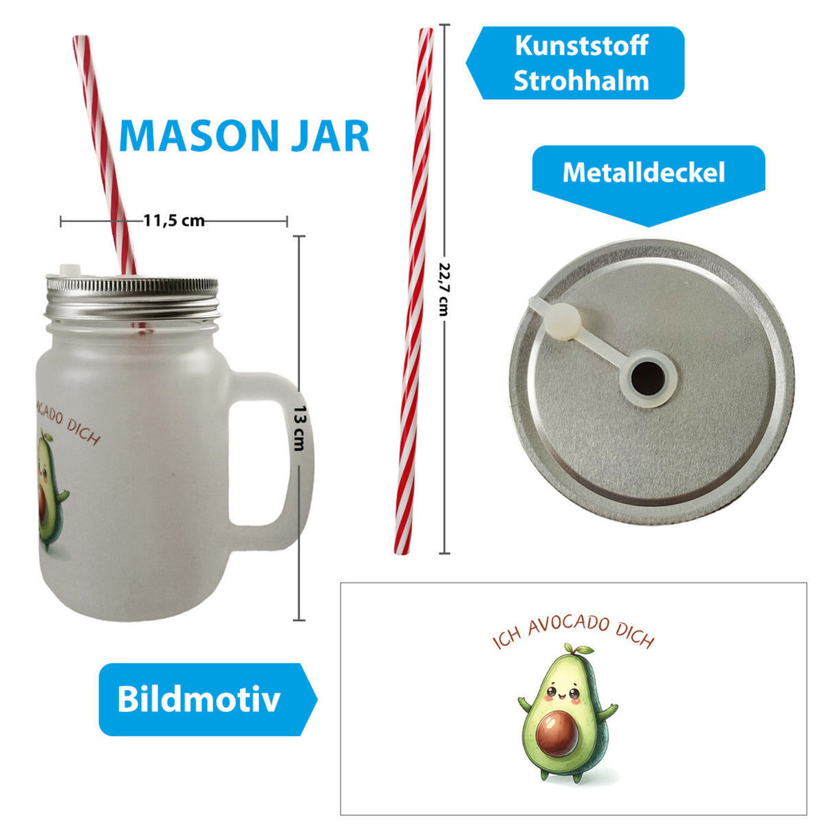 Avocado Trinkglas mit Bambusdeckel mit Spruch Ich Avocado dich