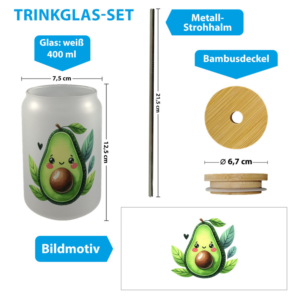 Lächelnde Avocado Trinkglas mit Bambusdeckel