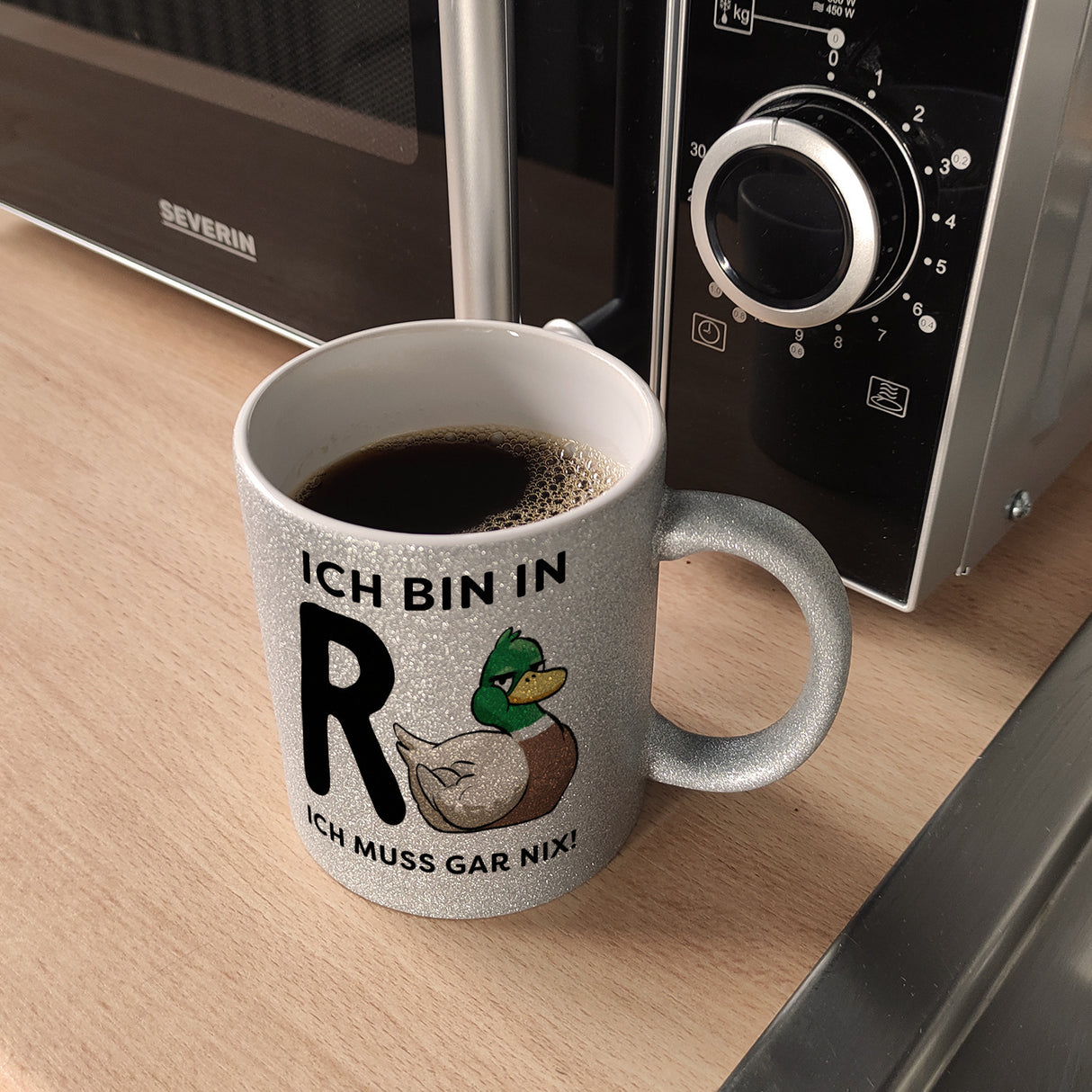 Ente Ruhestand Kaffeebecher mit Spruch Ich bin in R-Ente Ich muss gar nix