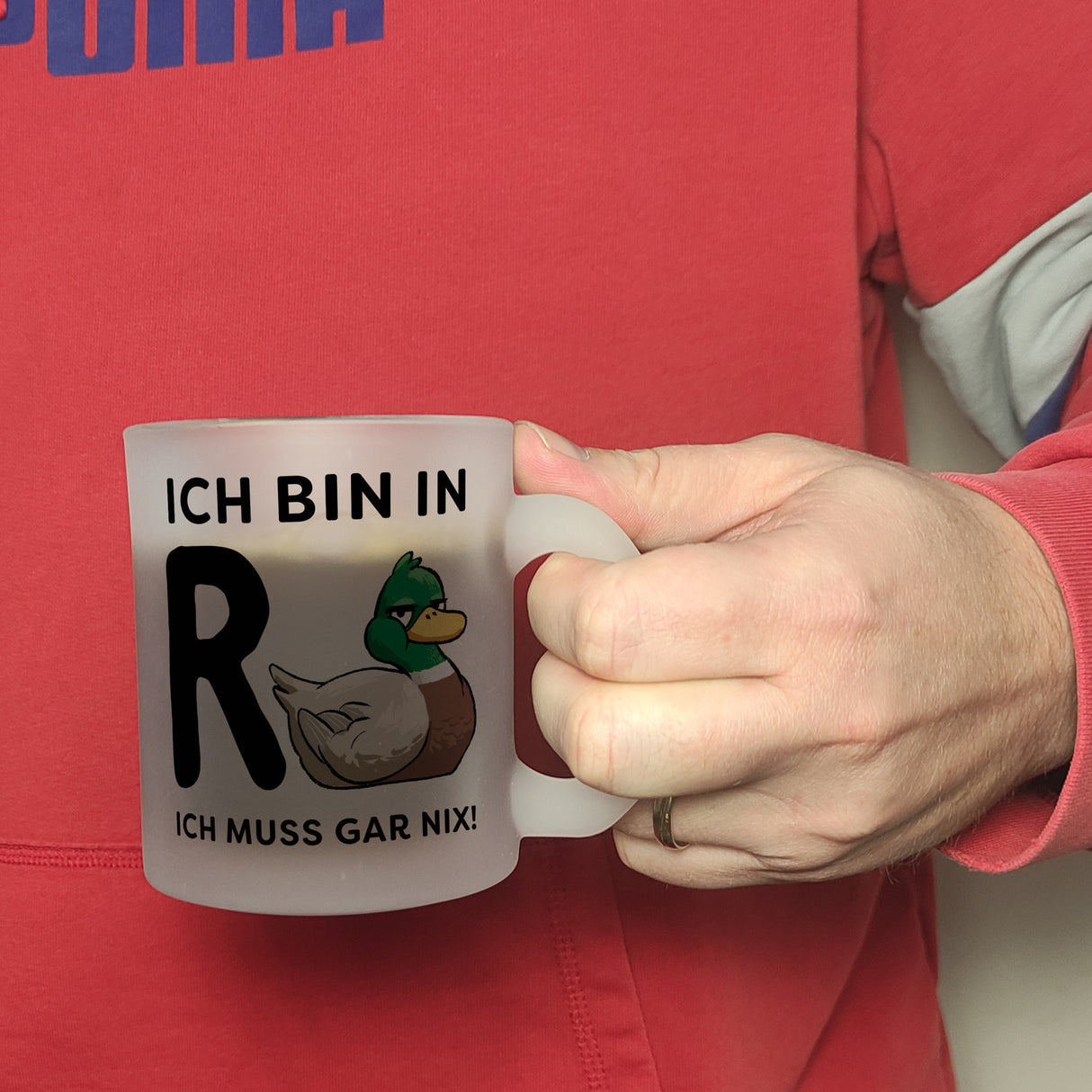 Ente Ruhestand Kaffeebecher mit Spruch Ich bin in R-Ente Ich muss gar nix