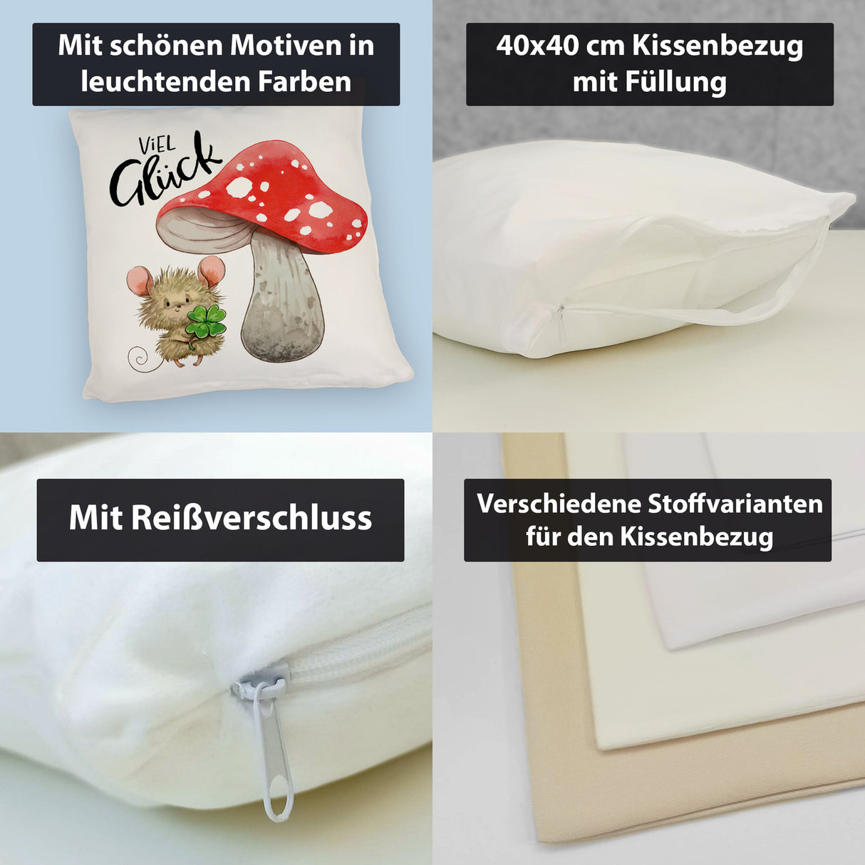 Maus mit Fliegenpilz Kissen mit Spruch Viel Glück