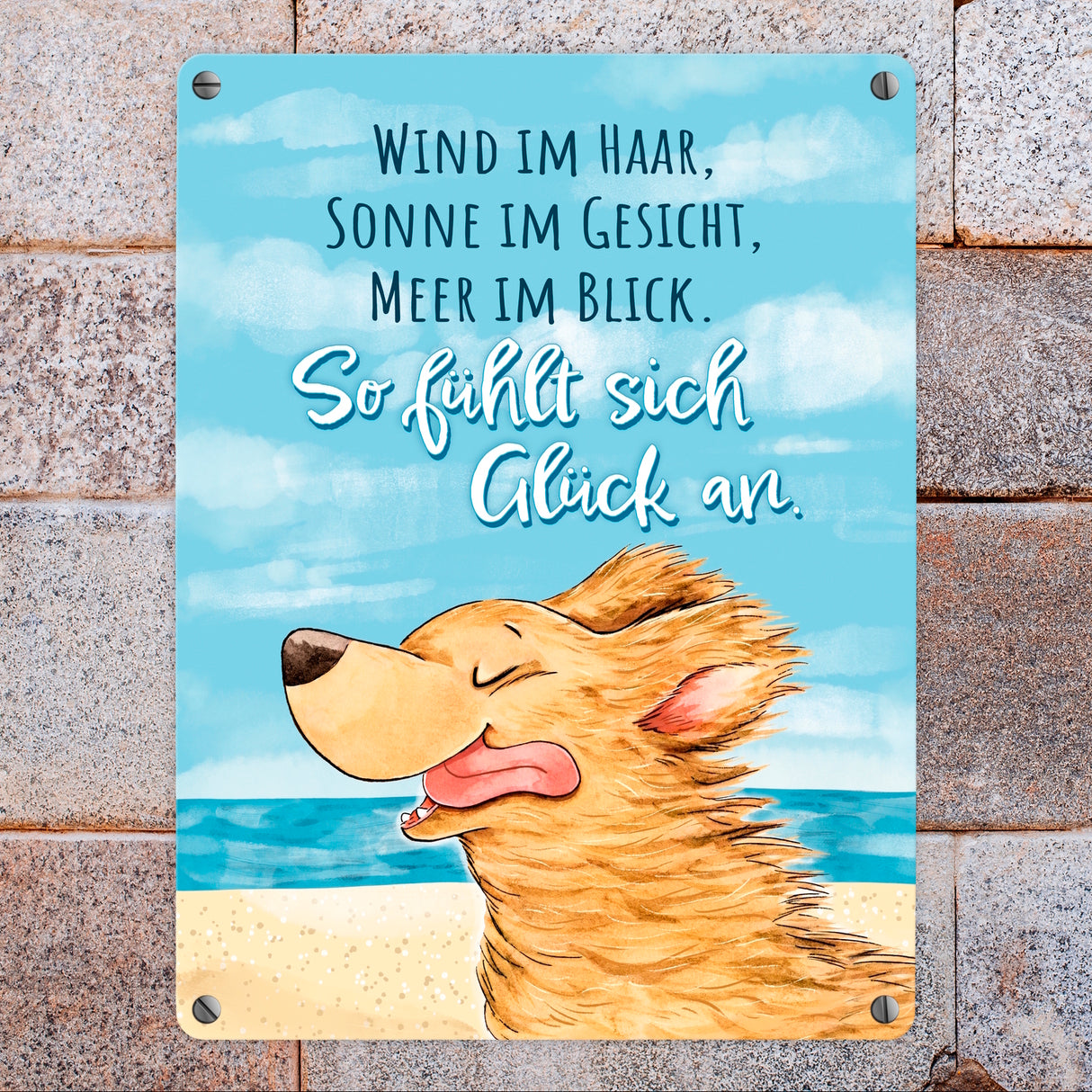 Hund Metallschild in 15x20 cm mit Spruch Wind Sonne Meer - pures Glück