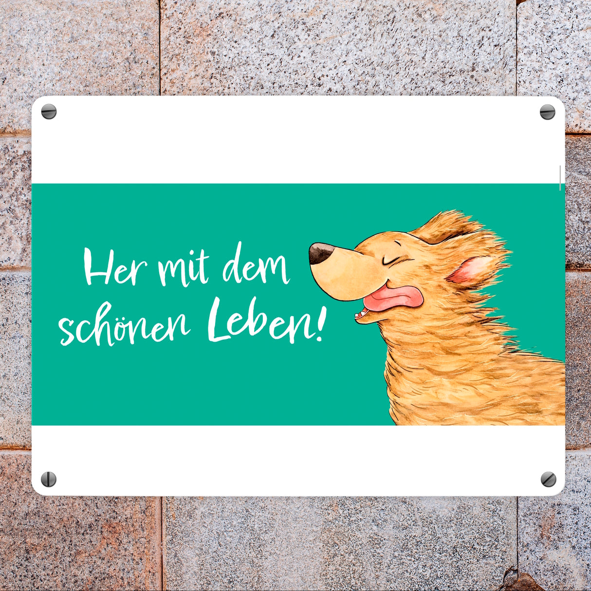 Hund Metallschild in 15x20 cm mit Spruch Her mit dem schönen Leben