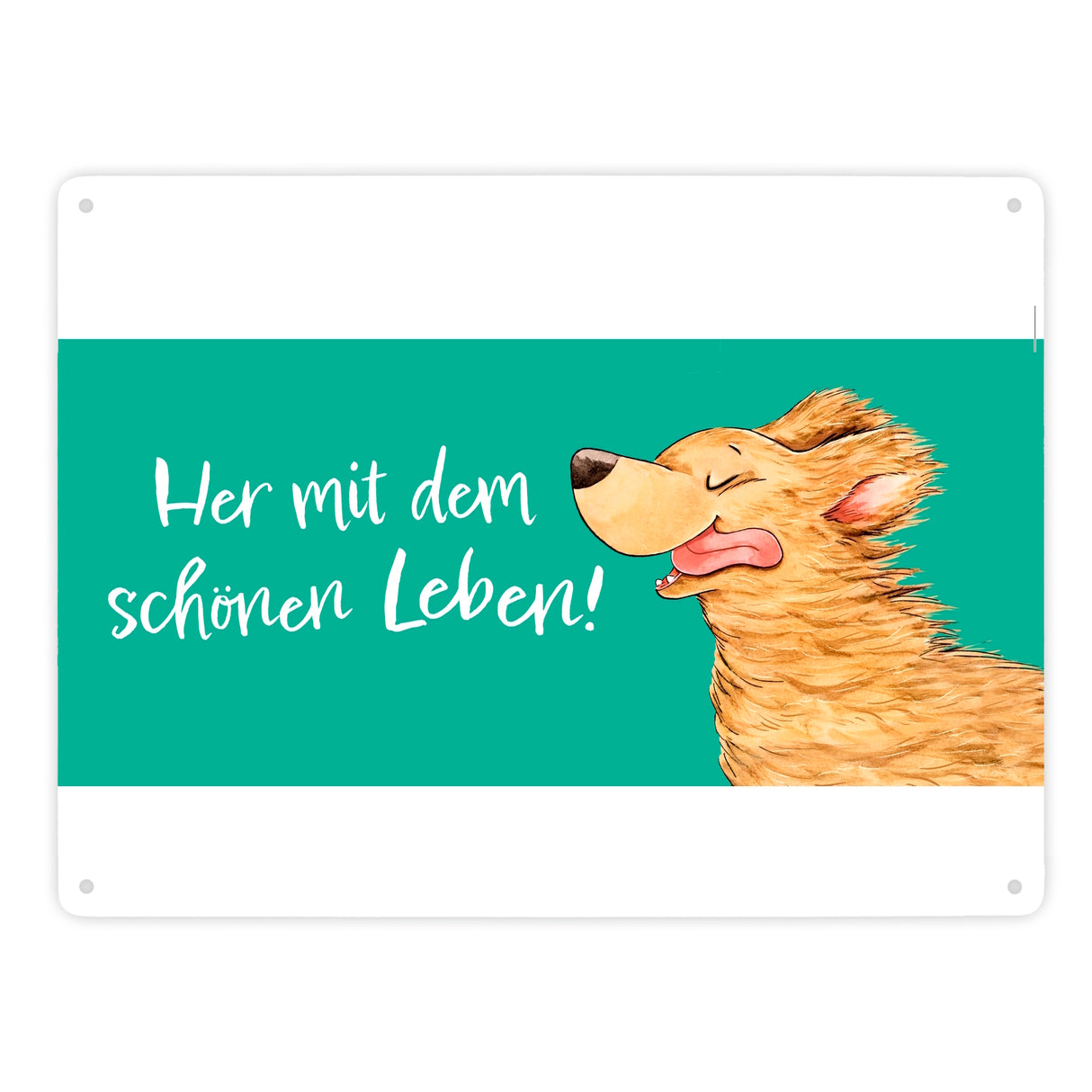 Hund Metallschild in 15x20 cm mit Spruch Her mit dem schönen Leben