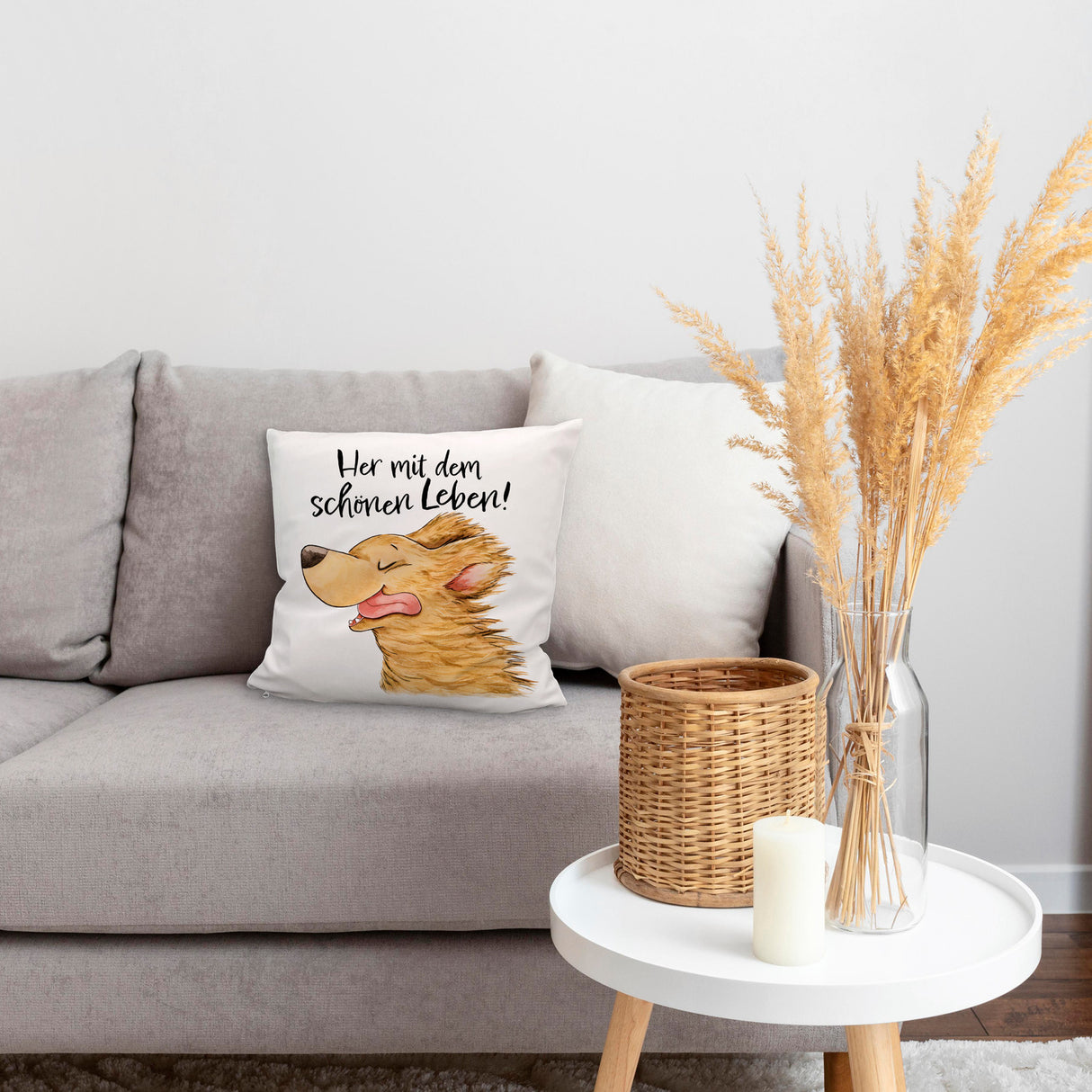 Hund Kissen mit Spruch Her mit dem schönen Leben